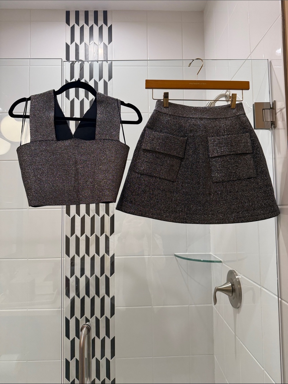Womens ALC Black Metalic-Look Crop Top and Pocket A-Line Mini Skirt Set
